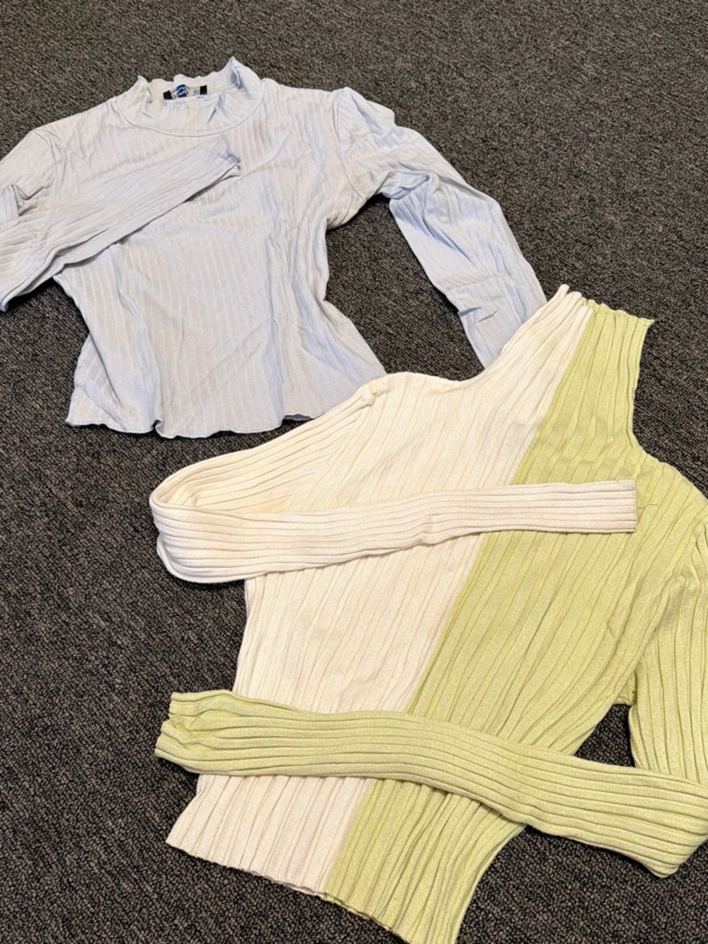 Cream and Light Green Ribbed One-Shoulder Sweater and light blue sweater